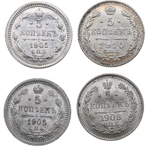 Russia 5 kopecks 1901, 1905, 1908, 1910 (4)