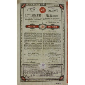 4,5% List zastawny Banku Krajowego Królestwa Galicyi i Lodomeryi z Wielkiem Ks. Krakowskiem na 2000 koron,, Seria IV (1909)