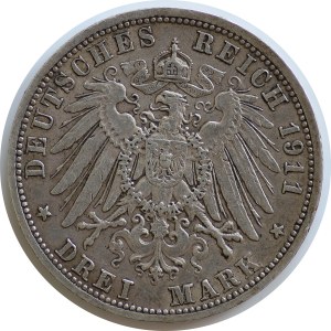 Niemcy, Badenia, 3 Marki,1911G,Fryderyk II