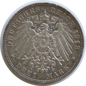 Niemcy, Saksonia, 3 Marki, 1913E, Fryderyk August