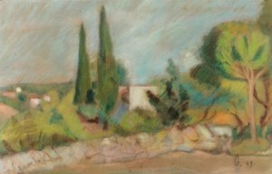 Nathan GRUNSWEIGH (1880-1956) - przypisywany, Pejzaż z cyprysami, 1949
