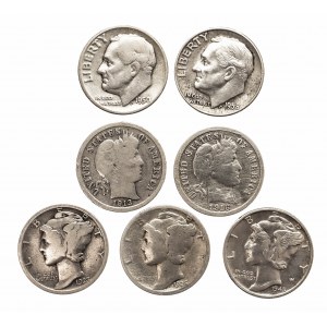 USA, zestaw 7 srebrnych dziesięciocentówek.