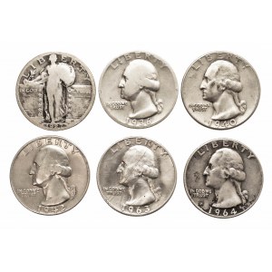 USA, zestaw 6 srebrnych dwudziestopięciocentówek.