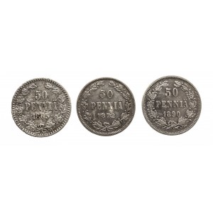 Finlandia, zestaw: 50 pennia 1865, 1872, 1890, srebro