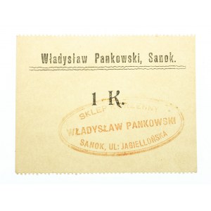 Bony zastępcze z ziem polskich, Sanok, Władysław Pankowski; bon na 1 korone, bez daty (1919)