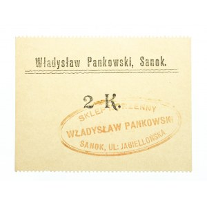Bony zastępcze z ziem polskich, Sanok, Władysław Pankowski; bon na 2 korony, bez daty (1919)