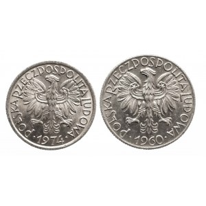 Polska, PRL 1944-1989, zestaw 2 monet 5 złotych 1960 oraz 2 złote 1974.