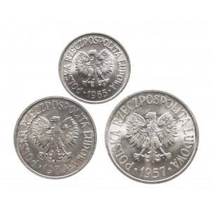 Polska, PRL 1944-1989, zestaw 3 monet 50 groszy 1957, 20 groszy 1970 oraz 10 groszy 1965.