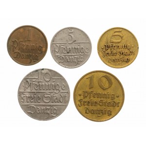 Wolne Miasto Gdańsk, zestaw drobnych monet - 5 sztuk