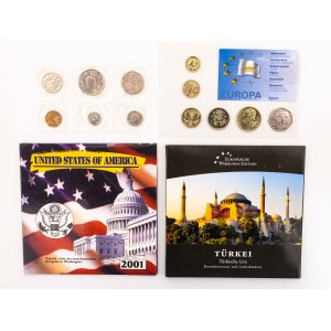 Państwa różne - zestawy monet obiegowych w blistrach: Cypr, Szwecja, Turcja, U.S.A.
