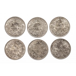 Niemcy, Cesarstwo Niemieckie 1871 - 1918, zestaw sześć x 1/2 marki.