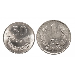 Polska, PRL 1944-1989, zestaw: 50 groszy 1975 b.zn.m., 1 złoty 1975 zn.m.