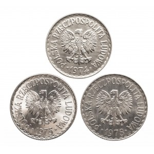 Polska, PRL 1944-1989, zestaw: 1 złoty 1974, 1975 i 1978