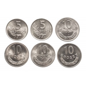 Polska, PRL 1944-1989, zestaw 5 i 10 groszy w stanie menniczym - 6 sztuk