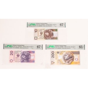 Polska od 1989, zestaw 3 banknotów z 25 marca 1994 roku o jednakowym numerze AA 0003058 w slabach PMG.