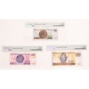 Polska od 1989, zestaw 3 banknotów z 25 marca 1994 roku o jednakowym numerze AA 0003058 w slabach PMG.