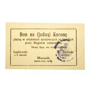Galicja, Nowy Sącz - Magistrat, bon na 1 koronę 1918 (wrzesień)