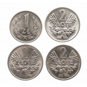 Polska, PRL 1944-1989, zestaw 4 monet: 1 zł 1949, 2 złotye 1971, 1972, 1974.