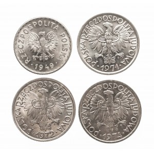 Polska, PRL 1944-1989, zestaw 4 monet: 1 zł 1949, 2 złotye 1971, 1972, 1974.