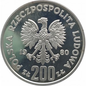Polska, PRL 1944-1989, 200 złotych 1980, XIII Zimowe Igrzyska Olimpijskie Like Placid 1980 - ze zniczem, srebro