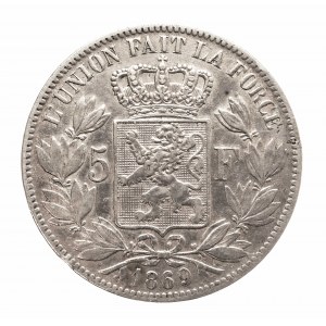 Belgia, Leopold II 1865-1909, 5 franków 1869, Bruksela