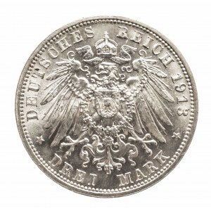 Niemcy, Cesarstwo Niemieckie 1871-1918, Saksonia, Fryderyk August III 1904 - 1918, 3 marki 1913, Drezno.