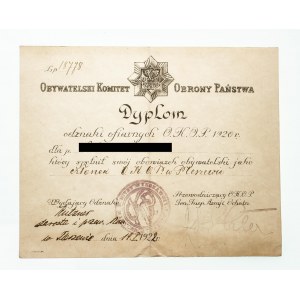 Polska, II Rzeczpospolita 1918-1939, dyplom odznaki ofiarnych O.K.O.P. 1920, Pleszew