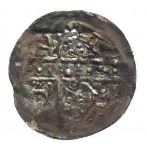 Śląsk, Księstwo Opolsko-Raciborskie, Bolesław Wysoki (1177-1195), denar - dwie postacie trzymające chorągiew