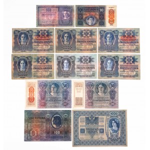 Österreich-Ungarn, Satz von 12 Banknoten von 1902 -1915.