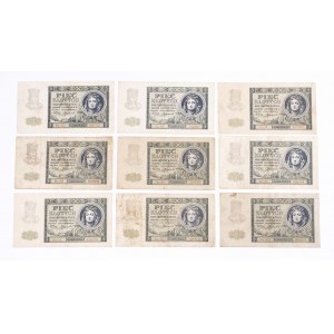 Poland, General Government (1940 - 1941), set of 9 5 zloty banknotes 1.08.1941.