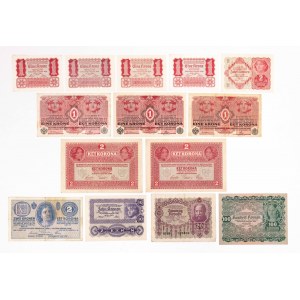 Österreich-Ungarn, Satz von 14 Banknoten aus den Jahren 1914 bis 1922.