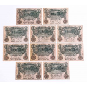 Niemcy, zestaw 10 banknotów 50 marek 21.04.1910 r.