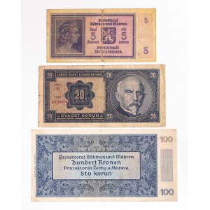 Czechosłowacja, Protektorat Czech i Moraw, zestaw 3 banknotów.