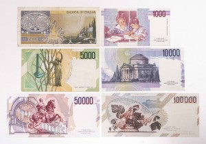 Włochy, zestaw 6 banknotów.