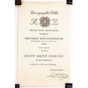 Polska, II RP, Dyplom nadania Złotego Krzyża Zasługi, Lwów 1938