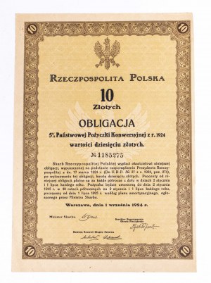 Bond 5% State Conversion Loan 1924 for 10 zloty.