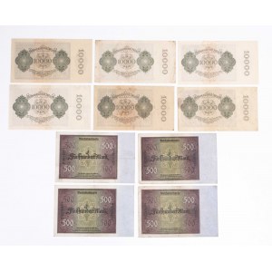 Deutschland, Satz von 10 Banknoten 500 und 10000 Mark 1922.
