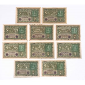 Niemcy, zestaw 10 banknotów 50 marek 24.6.1919.