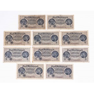 Germany, set of 10 5 reichsmark banknotes.