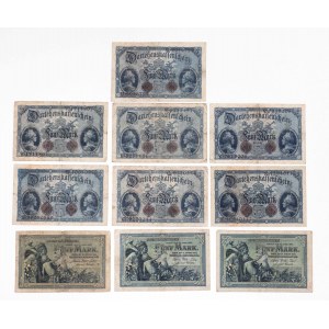 Niemcy, zestaw 10 banknotów 5 marek 1904 oraz 1914.