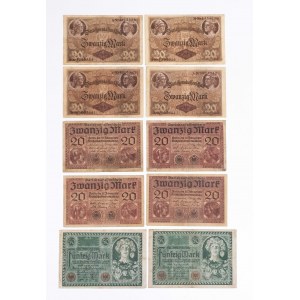 Deutschland, Satz von 10 Banknoten zu 5 und 20 Mark.