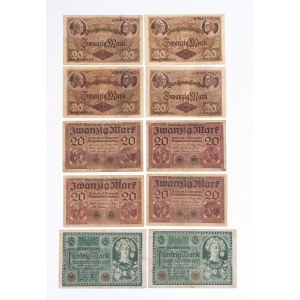 Niemcy, zestaw 10 banknotów 5 oraz 20 marek.