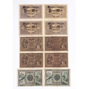 Niemcy, zestaw 10 banknotów 5 oraz 20 marek.