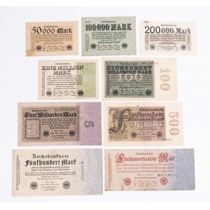 Deutschland, Satz von 9 Inflationsbanknoten von 1922 - 1923.