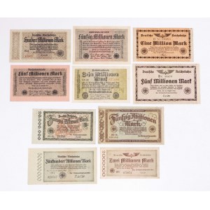 Niemcy, zestaw 10 banknotów inflacyjnych z roku 1923.