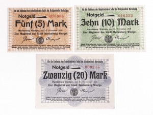 Poland, Malbork (West Prussia) set: 5, 10 and 20 marks 13.11.1918