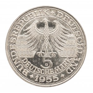 Deutschland, Bundesrepublik, 5 Mark 1955 G, geprägt zum 400. Jahrestag der Geburt von Ludwig Wilhelm Markgraf von Baden