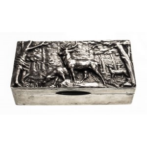 Silver snuff box with hunting motif (forest, deer), Denmark 1904