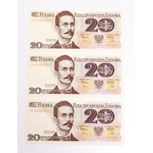 Poland, PRL (1944 - 1989), set of three 20 ZŁOTY banknotes 1.06.1982, M series.