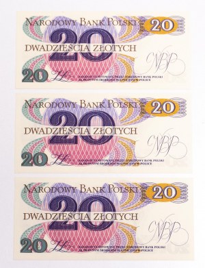 Poland, PRL (1944 - 1989), set of three 20 ZŁOTY banknotes 1.06.1982, M series.
